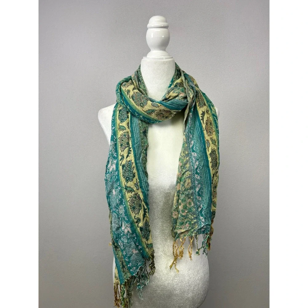 Boho Gold Coast Womens OS Teal Green Paisley Viscose Fringe Scarf Shawl Wrap‎